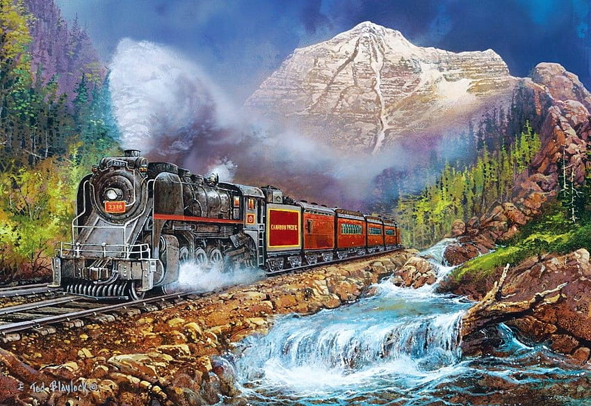 Kanada Pasifik Treni, buhar, sanat eseri, nehir, , ağaçlar, lokomotif, dağlar HD duvar kağıdı