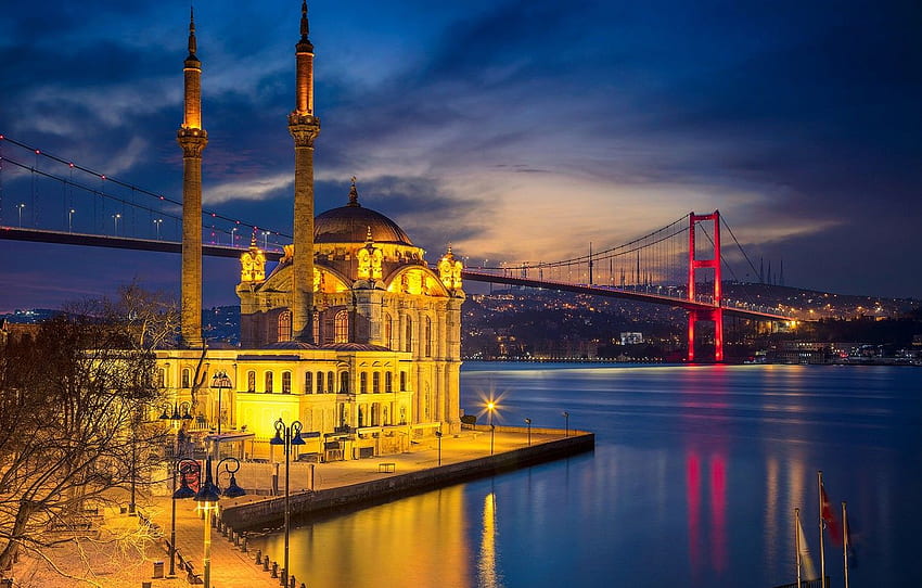 malam, jembatan, lampu, Selat, masjid, Istanbul, Turki, menara untuk , bagian город Wallpaper HD