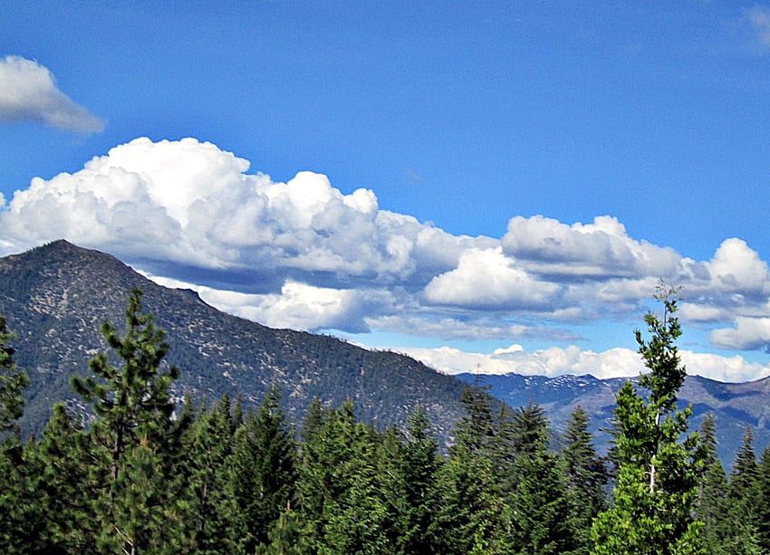 vista dalla cresta blu, nuvole, alberi, cielo, montagne Sfondo HD