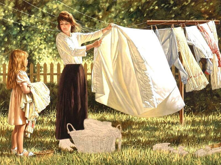 Mutter und Kind, Hinterhof, Mutter, Aufhängen, Kind, Wäsche HD-Hintergrundbild