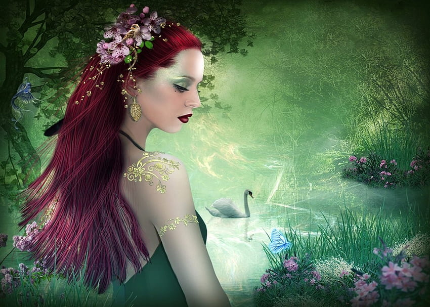 Dryad in Spring , Forest, Magical, beautiful, Fantasy, woman, green, swan, redhead, female HD wallpaper