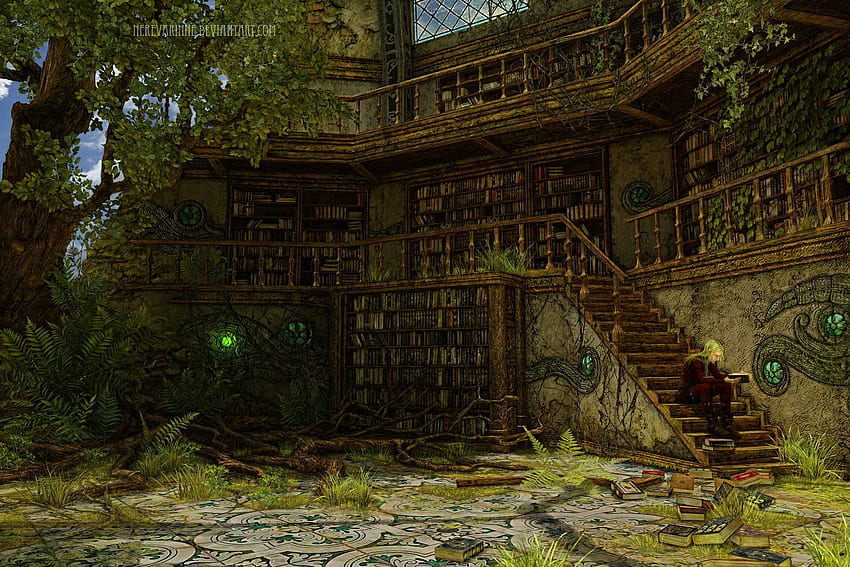 Alte zerstörte Bibliothek II. Verlassene Bibliothek, Bibliotheksästhetik, alte Bibliothek, verzauberte Bibliothek HD-Hintergrundbild