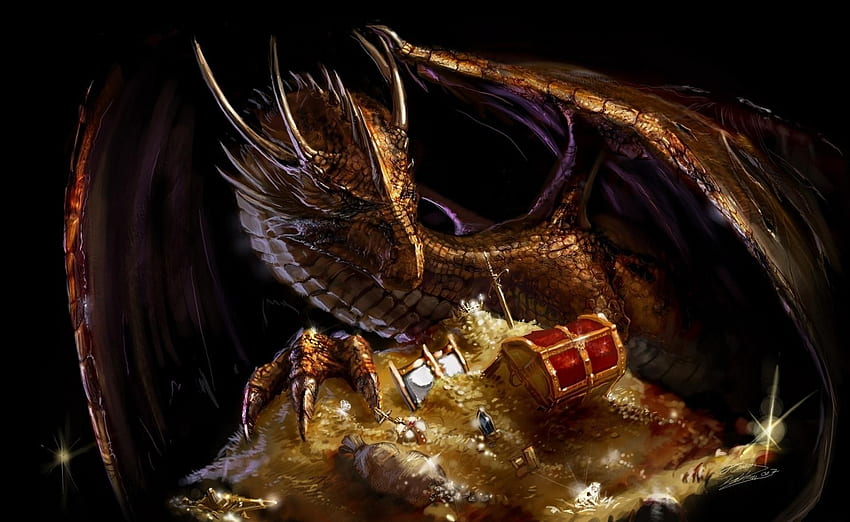 Fantasy, Gold, Dragon, Treasure HD wallpaper