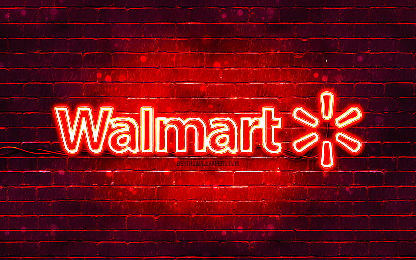 Logotipo rojo de Walmart, pared de ladrillo rojo, logotipo de Walmart, marcas, logotipo de neón de Walmart, Walmart fondo de pantalla