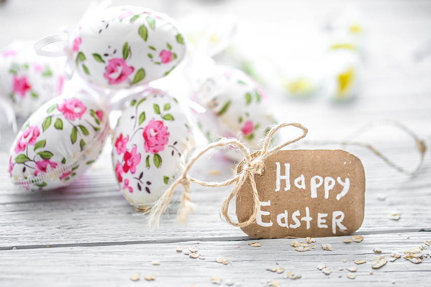 Happy Easter!、卵、ピンク、白、花、デコ、カード、イースター 高画質の壁紙
