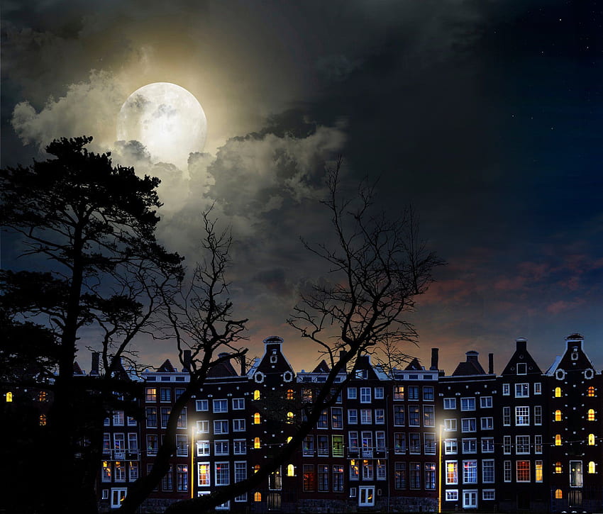 Pełnia Księżyca Magiczne Noc Budynki Miasto Drzewa Niebo Chmury - Amsterdam - - Tapeta HD