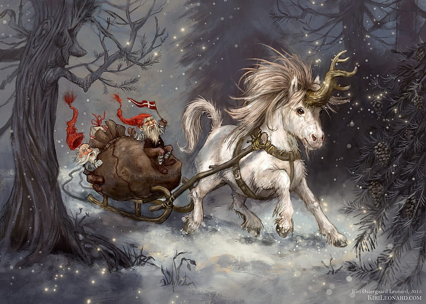Winter wonderland, winter, dwarf, craciun, art, elf, gnome, fantasy, christmas, kiri leonard, unicorn, luminos, forest HD wallpaper