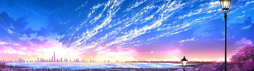 Langit, Kota, Pemandangan, Cakrawala, Pemandangan, Anime, - Pemandangan Anime, 7680 X 2160 Wallpaper HD