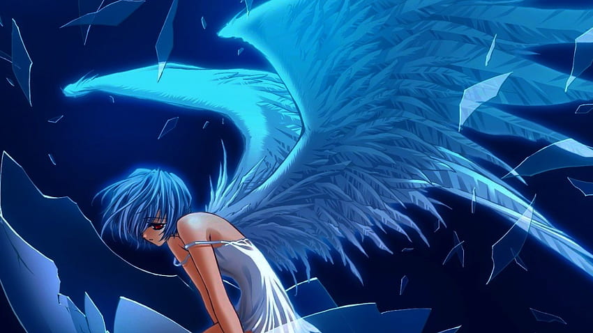 Anime, blue, wings, original, angel, dress HD wallpaper