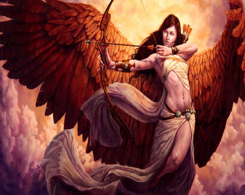 Heavenly Archer, wings, arrows, clouds, angel, bow HD wallpaper