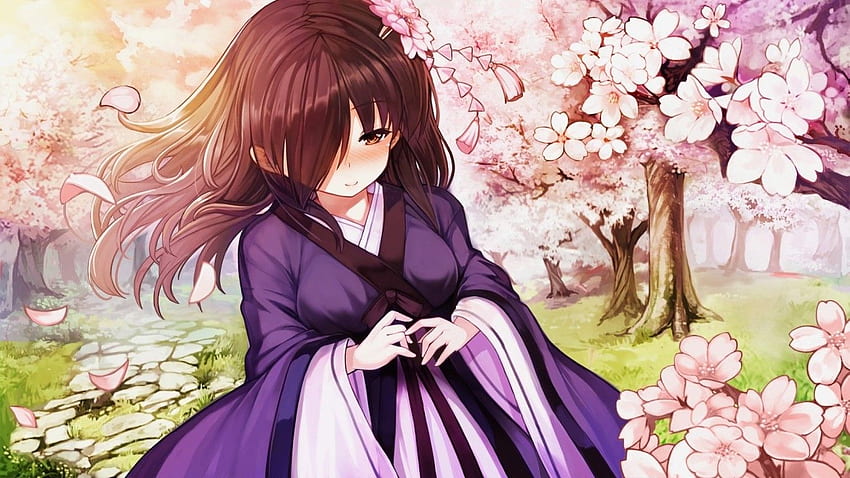 Garota de anime, cabelo castanho, quimono, flor de sakura, expressão tímida para laptop, notebook papel de parede HD