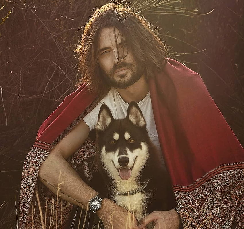 Giulio Berruti, dog, man, red, actor, caine HD wallpaper