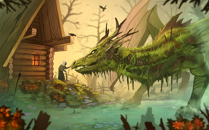 Forest dragon, horns, art, man, yakovlev vad, fantasy, green, dragon, cottage, forest HD wallpaper