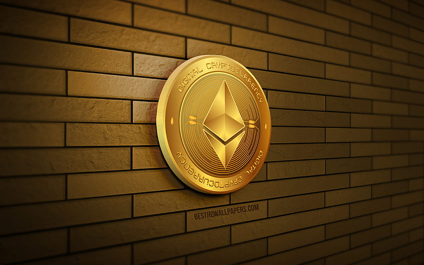 Златно лого на Ethereum, , жълта тухлена стена, творчески, криптовалута, 3D лого на Ethereum, лого на Ethereum, 3D изкуство, Ethereum HD тапет