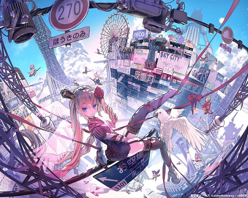 Anime Girl, Scenic, Landscape, Buildings, City, Pink Anime Scenery HD wallpaper