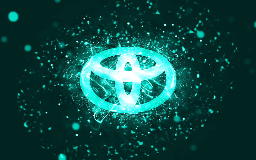 Тюркоазено лого на Toyota, тюркоазени неонови светлини, творчески, тюркоазен абстрактен фон, лого на Toyota, марки автомобили, Toyota HD тапет