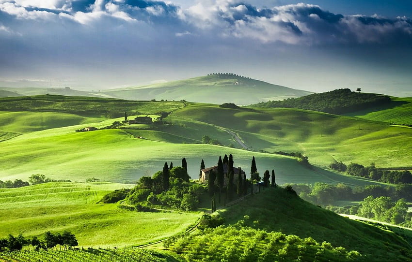hills, Villa, field, spring, Italy, farm, Tuscany HD wallpaper