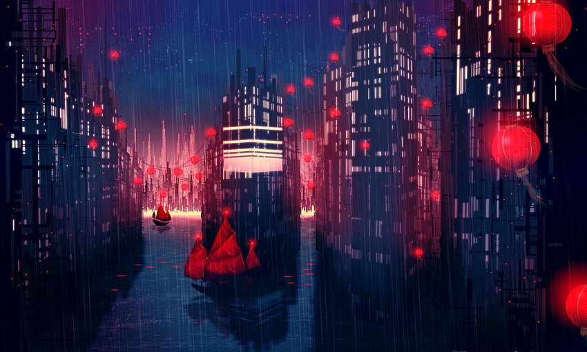 Anime Japonya Şehir Manzarası., Yağmurlu Japonya HD duvar kağıdı