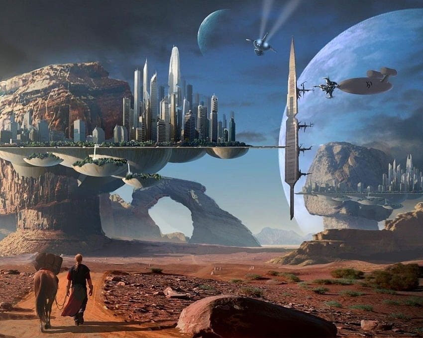 fantasy space art, buildings, ships, planet, rock formations, people HD wallpaper