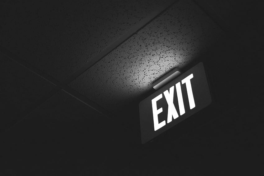 bianco e nero, soffitto, uscita, incandescente, luce, neon, ufficio, cartello, Exit Sign Sfondo HD