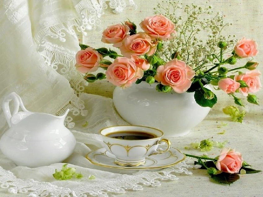 Teezeit mit Rosen, Stillleben, Blumen, Rosen, Teezeit HD-Hintergrundbild
