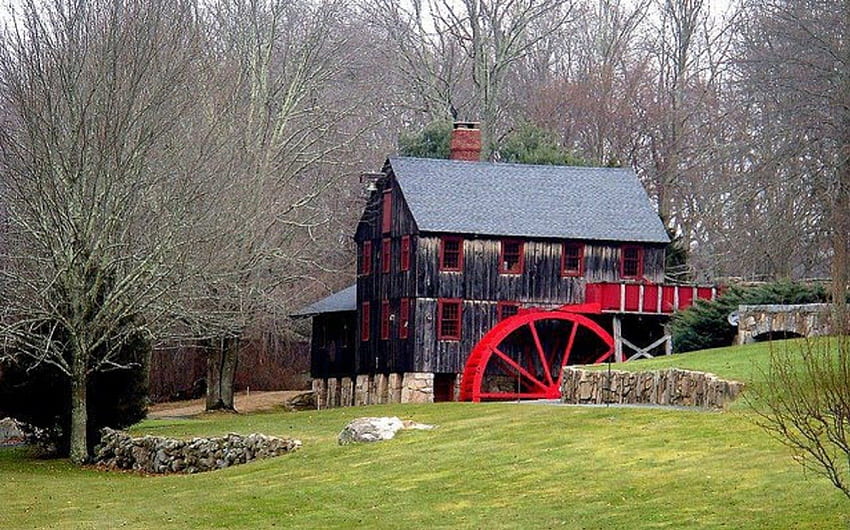 Charmante Mühle auf dem Land, charmant, Architektur, Mühle, rot, Wasserrad, Land HD-Hintergrundbild