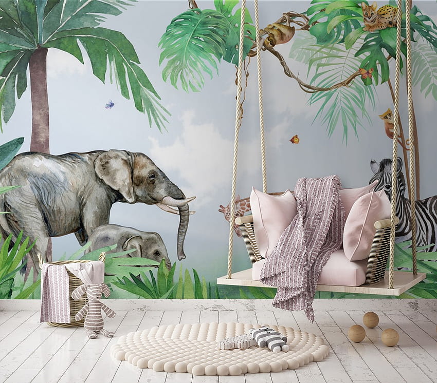 귀여운 사파리 동물 벽화가 있는 어린이 열대 숲 - • Wallmur®, 동물과 함께하는 자연 HD 월페이퍼