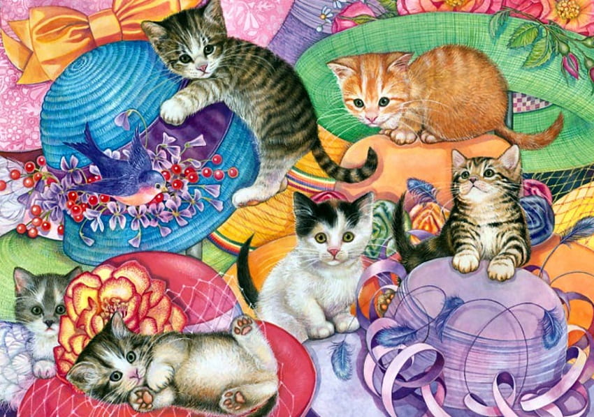 Kittens in the Millinery F2, animal, art, feline, cat, kittens, artwork, wide screen, painting, pet, hats HD wallpaper