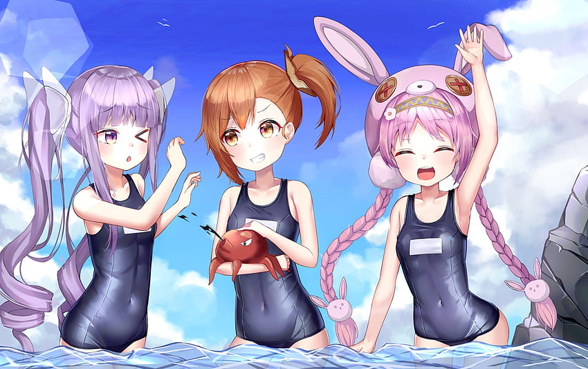 akane mimi clouds hikawa kyoka hodaka misogi loli mannack princess connect! school swimsuit sky swimsuit twintails water wink - Anime HD wallpaper