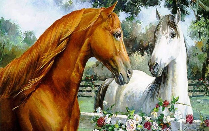 Avikalp Exclusive Awi3273 Brown White Horse Love Nature Art Painting Full (3 x 2 ft) : Дом и кухня HD тапет