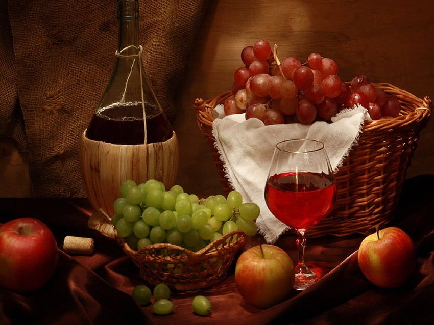 AN OLD FASHIONED STILL LIFE, meja, anggur, makanan, benda mati, linen, apel, botol, buah, panen, keranjang, anggur Wallpaper HD