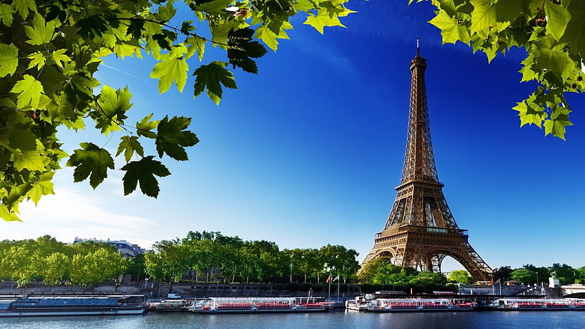 Paris-Eiffelturm-Frankreich-Fluss-Strand-Bäume HD-Hintergrundbild
