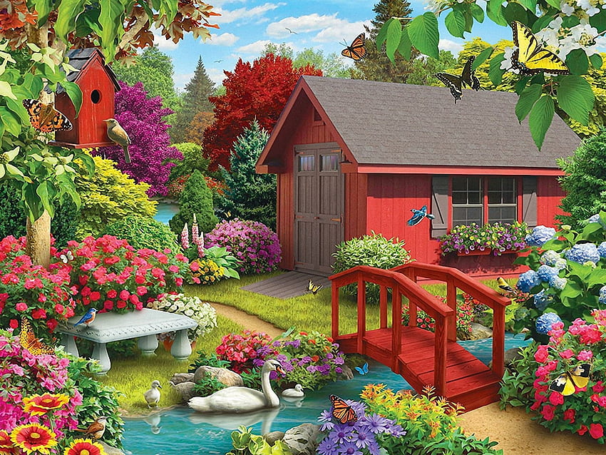 La casa rossa, giardino, cigno, fiori, casa Sfondo HD