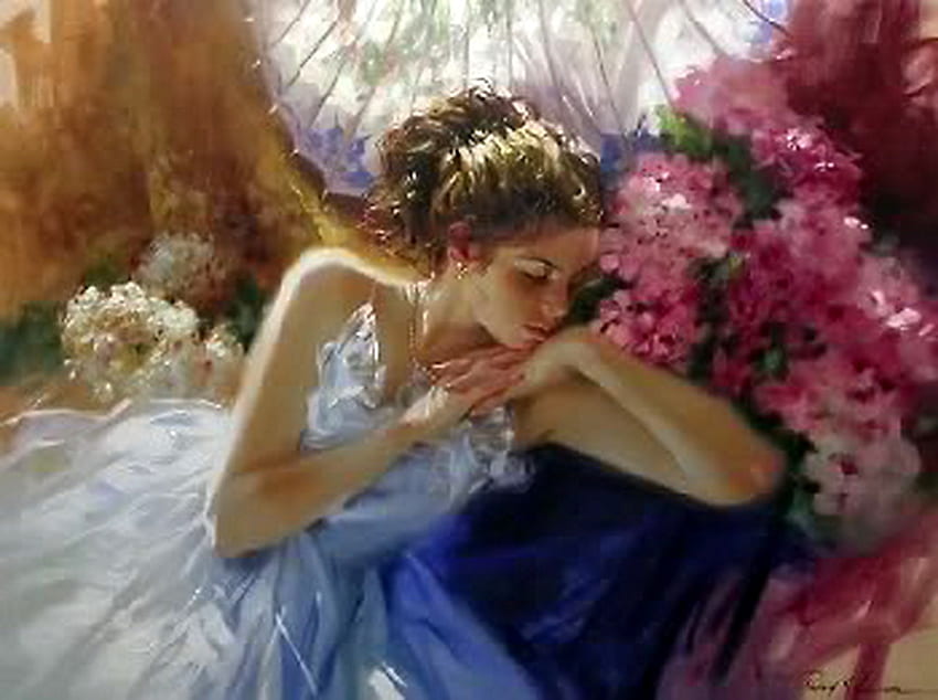 Mimpi indah, jendela, merah muda dan putih, gaun biru, bunga, tidur, wanita Wallpaper HD