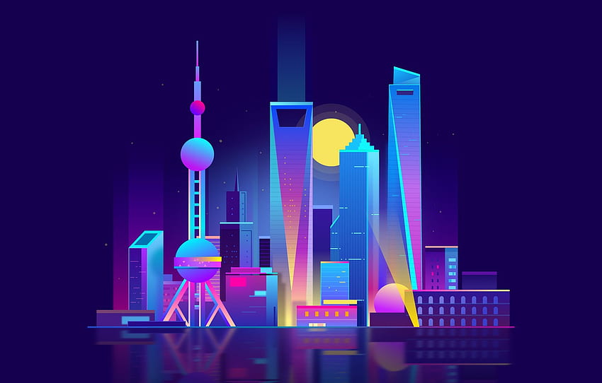 미니멀리즘, 밤, 탑, 벡터, 도시, 스타일, 빌딩, 중국, 빌딩, 상하이, 상하이, 아키텍처, 예술, 중국, 상하이 세계 금융 센터, 오리엔탈 펄 for , 섹션 минимализм, 미니멀리스트 금융 HD 월페이퍼