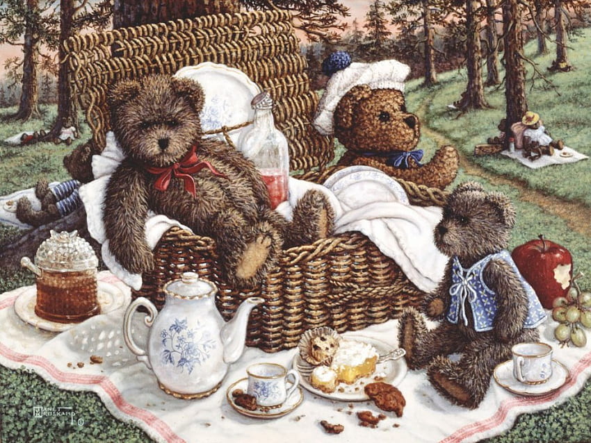 TEDDY BEAR PICINIC, TEDDY, PARTY, BLANKET, BEARS, PICINIC, TEA, BASKET HD wallpaper