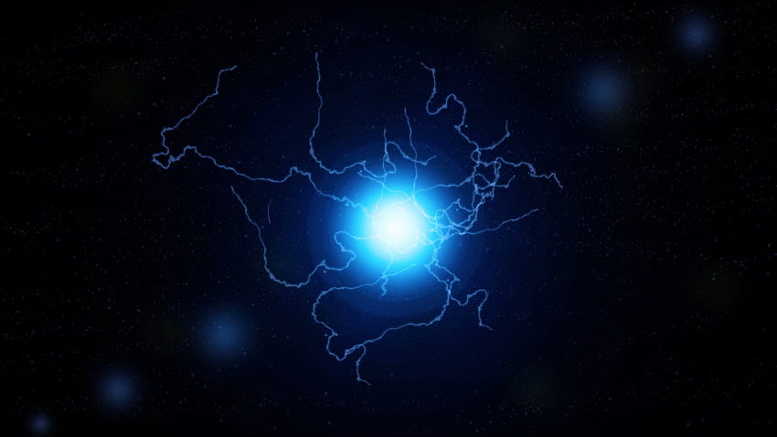 Abstrakter blauer Weltraum Dunkle Sterne Lens Flare Elektrizität Dunkelheit Elektrische Funken Science Fiction Lightning Bolts Sci Fi Action Electric Ball. HD-Hintergrundbild