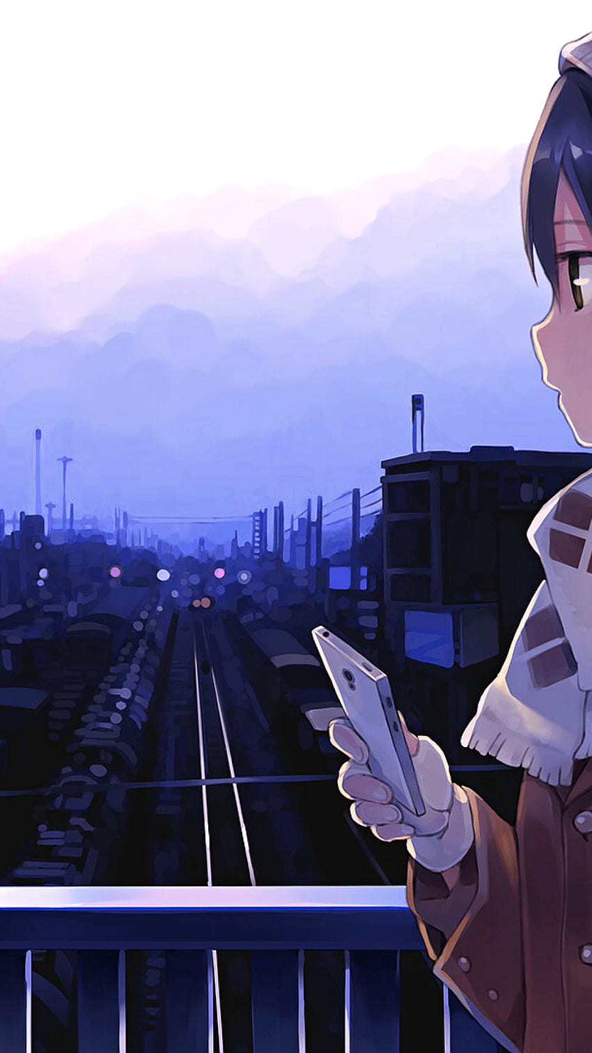 สาวการ์ตูน, สถานีรถไฟ, ฤดูหนาว, ผ้าพันคอ, มุมมองโปรไฟล์ - Anime View iPhone วอลล์เปเปอร์โทรศัพท์ HD