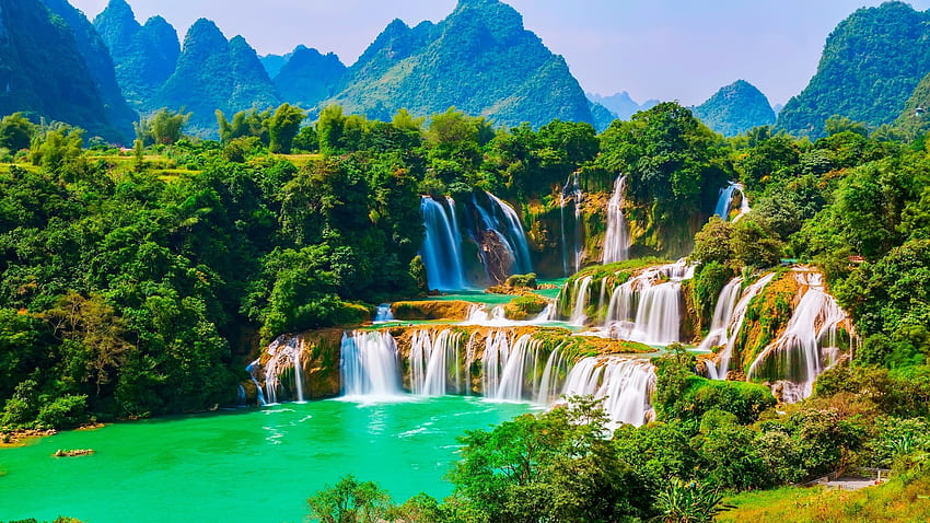Ban Gioc Şelalesi, Vietnam, ağaçlar, şelaleler, doğa, dağlar, orman HD duvar kağıdı