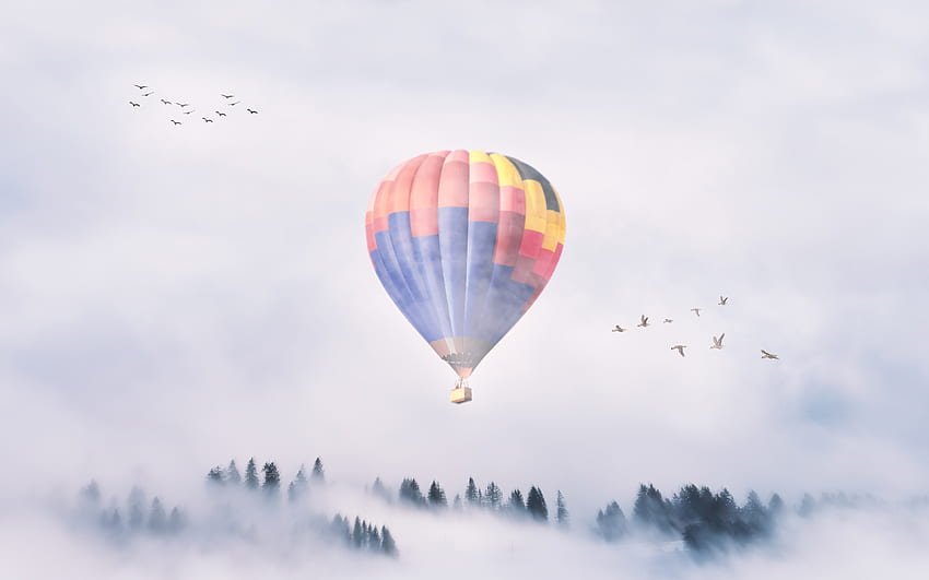 Hot air balloon, fog, sky, clouds, mist HD wallpaper