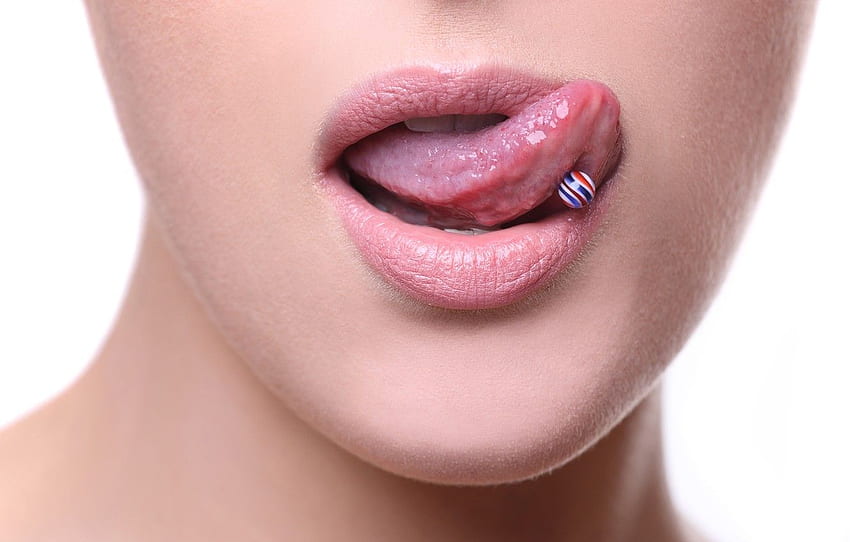 mujer, labios, piercing, lengua para, sección макро - fondo de pantalla