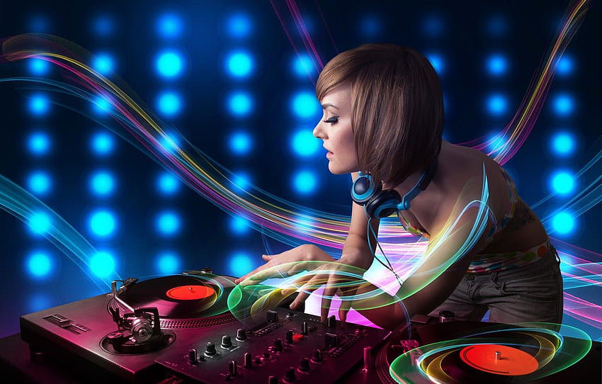 menina, linha, abstração, fones de ouvido, DJ, registros, DJ feminino papel de parede HD
