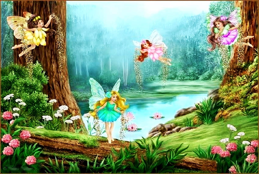 Fairyland, artwork, river, trees, fairies, flowers, spring HD wallpaper