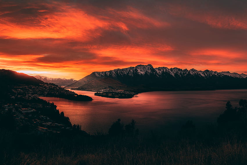 Nature, Sunset, Sky, Mountains, Lake, New Zealand, Fiery HD wallpaper