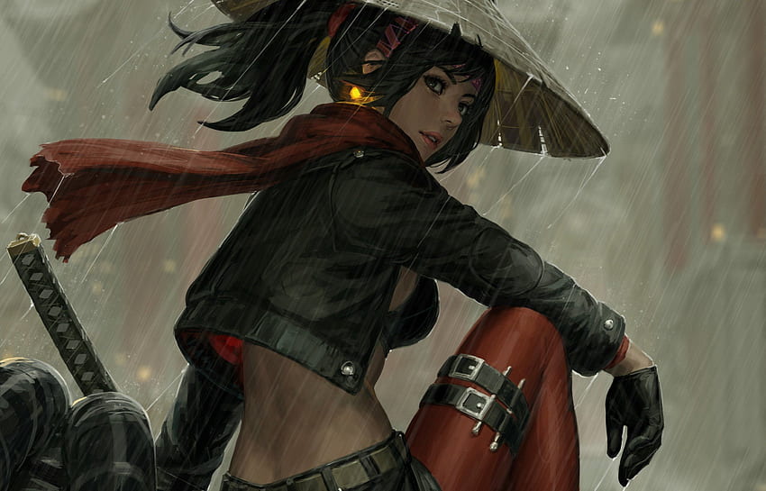 Cappello conico asiatico, samurai, coda di cavallo, pioggia, ragazza, donna guerriera, capelli neri Sfondo HD