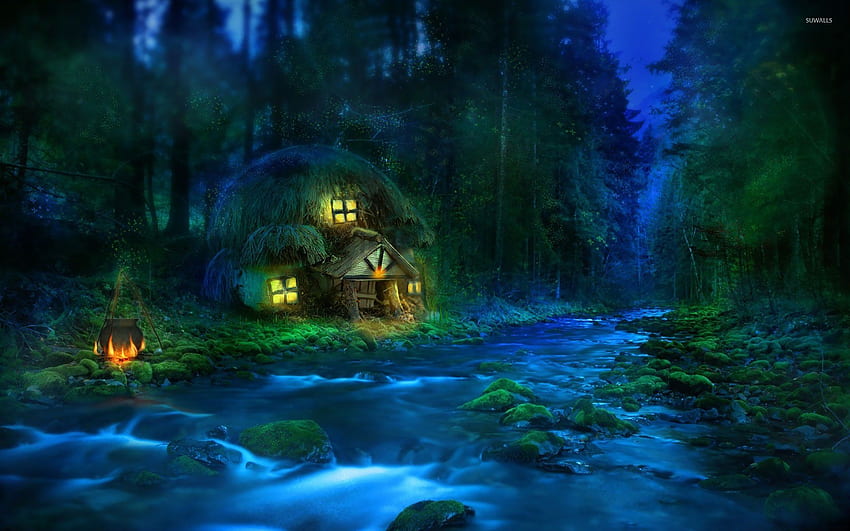 Gubuk kecil di tepi sungai di dalam hutan - Fantasi, Hutan Malam Ajaib Wallpaper HD