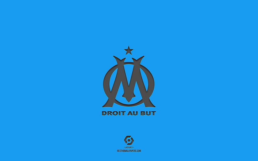 Olympique Marseille, blauer Hintergrund, französische Fußballmannschaft, Olympique Marseille-Emblem, Ligue 1, Marseille, Frankreich, Fußball, Olympique Marseille-Logo HD-Hintergrundbild