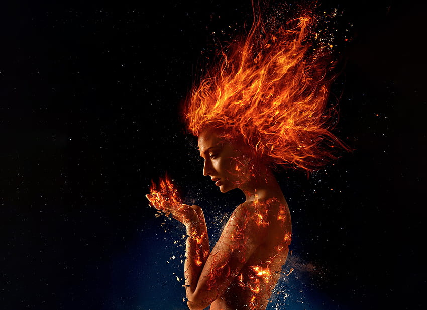 X-Men: Dark Phoenix (2019), dark phoenix, comics, poster, girl, fire, xmen, actress, sophie turner, fantasy HD wallpaper