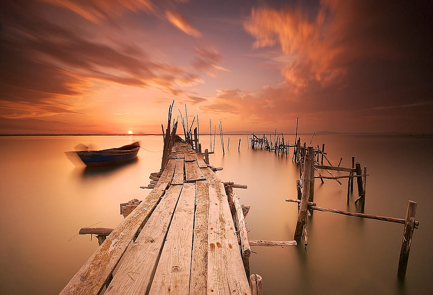Sunset Dock, other, boat, entertainment, sunset HD wallpaper