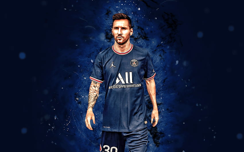 Lionel Messi, 2021, PSG, Arjantinli futbolcular, Paris Saint-Germain, mavi neon ışıklar, futbol, ​​Messi PSG, 1 Ligue, Leo Messi, Lionel Messi PSG, Lionel Messi Paris Saint-Germain, Lionel Messi HD duvar kağıdı
